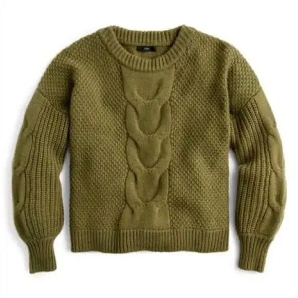 J. Crew Sweaters - J. Crew Olive Green Wool Blend Cable Knit Balloon Sleeve Boxy Sweater sz XS